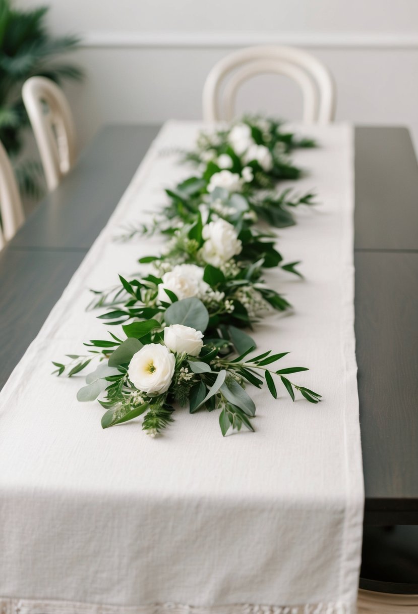 A simple, elegant table runner with scattered greenery and touches of white florals