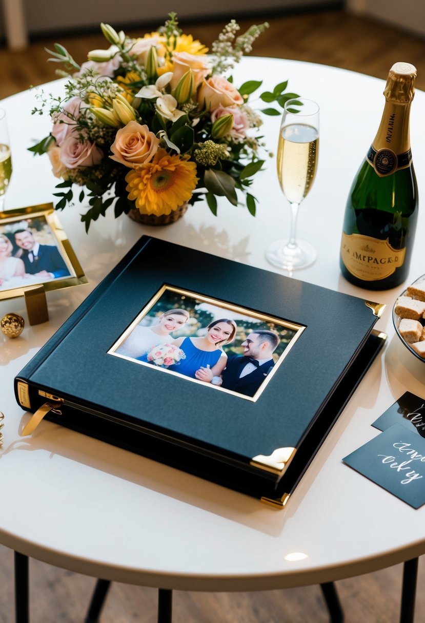 A table with a photo album, surrounded by anniversary memorabilia such as flowers, a cake, and a bottle of champagne