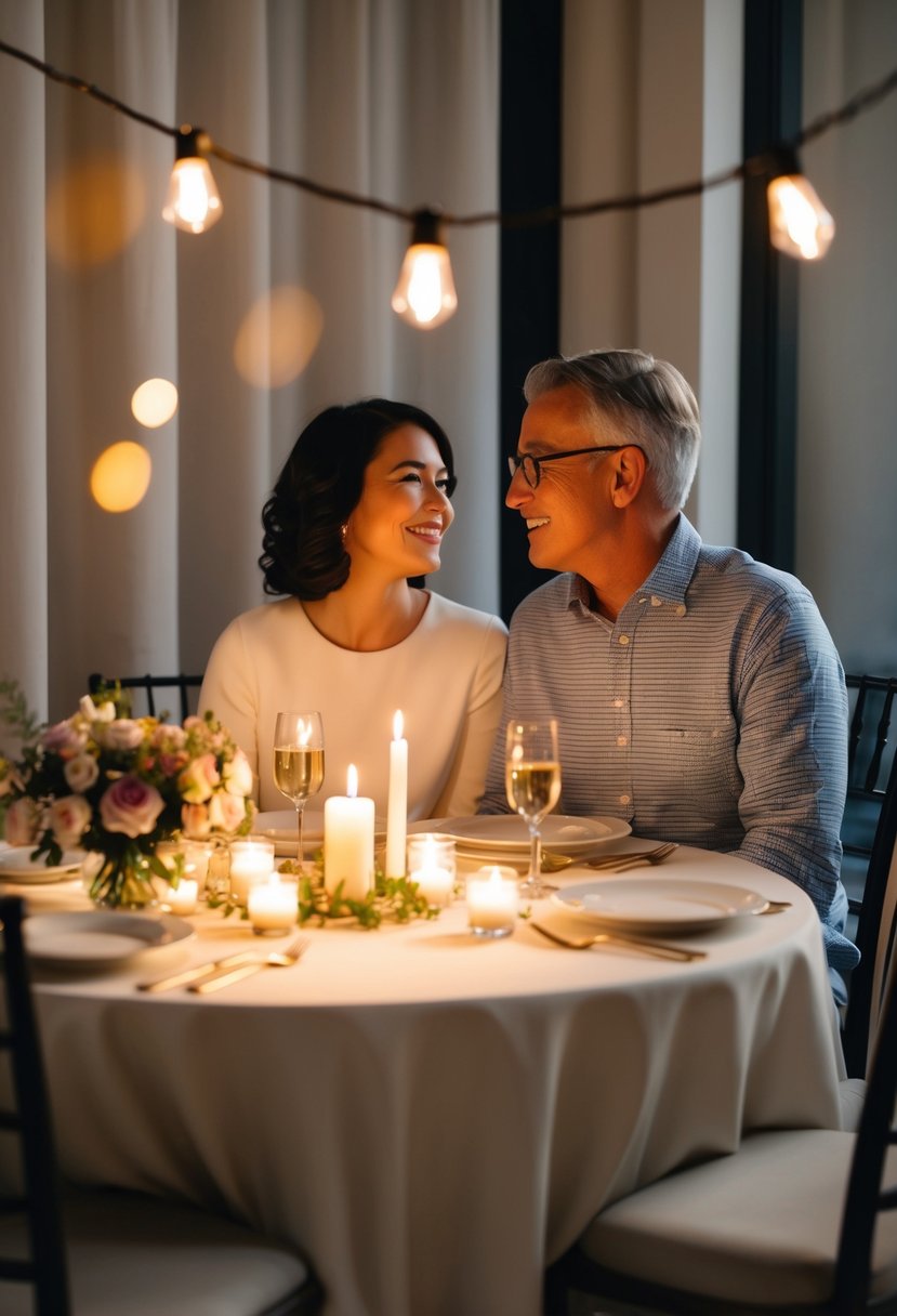 A couple sits at a candlelit table, surrounded by flowers and soft music, reminiscing about their first date 52 years ago