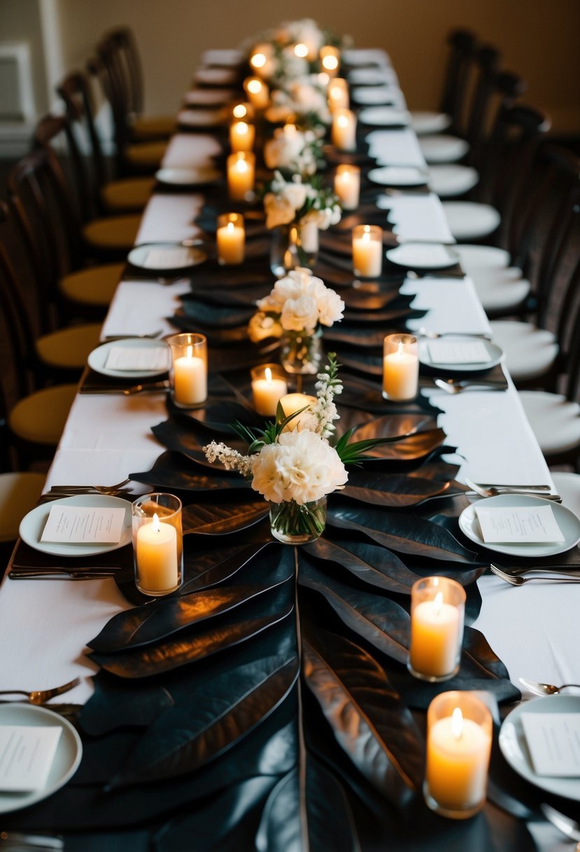 A long, narrow table adorned with a rich, dark leather leaf runner, accented with delicate white flowers and flickering candles