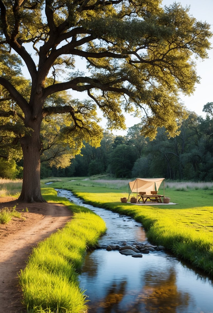 A serene forest clearing with a winding trail, a glistening stream, and a cozy picnic spot under a towering oak tree