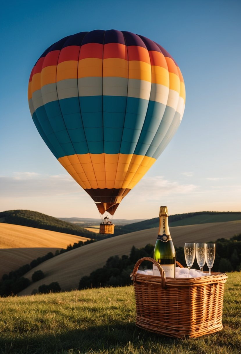 A colorful hot air balloon floats over rolling hills at sunset, with a champagne bottle and glasses in a wicker basket