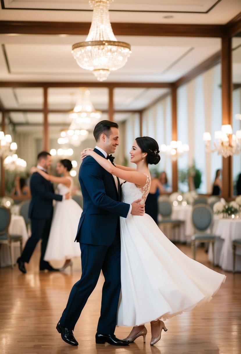 A couple gracefully waltzing in a ballroom, surrounded by mirrors and elegant decor