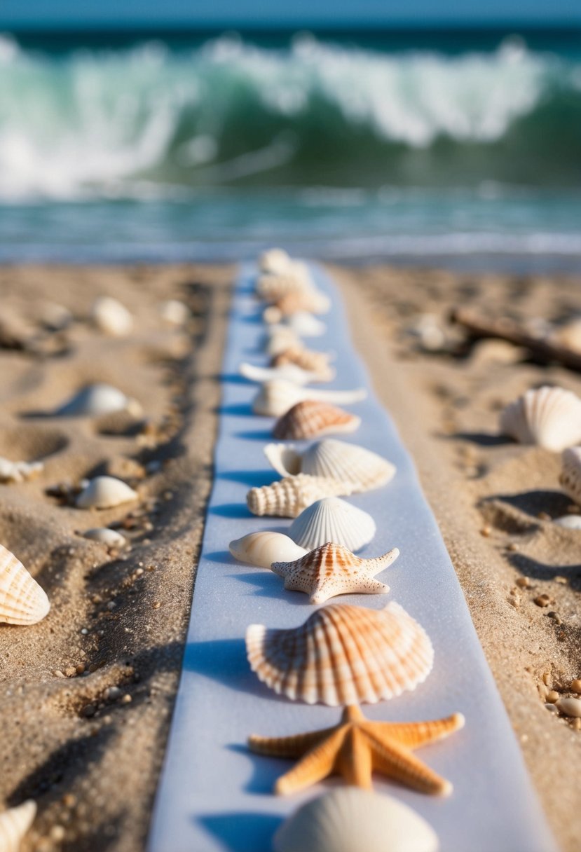 A sandy beach with seashells, starfish, and driftwood scattered along a coastal wedding table runner. Waves gently crashing in the background