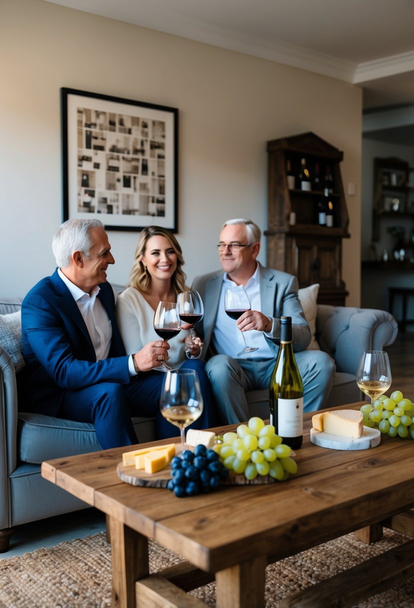 A cozy living room with a rustic wooden table set with wine glasses, cheese, and grapes. A couple sits on a plush couch, enjoying a private wine tasting for their 52nd wedding anniversary