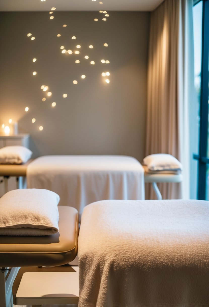 A serene spa room with two massage tables adorned with fresh linens and soft lighting, creating a tranquil and romantic atmosphere for a couple's massage