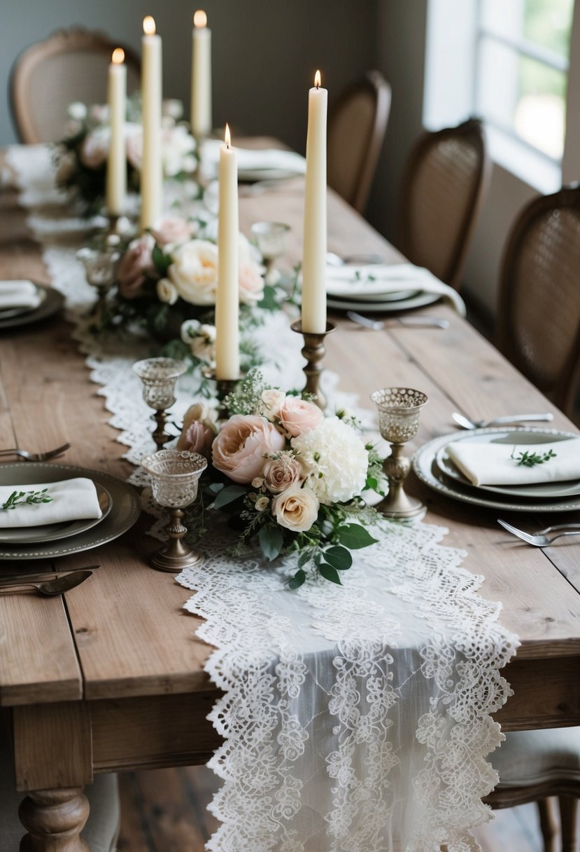 A vintage lace table runner drapes over a rustic wooden table, adorned with delicate floral centerpieces and antique candle holders