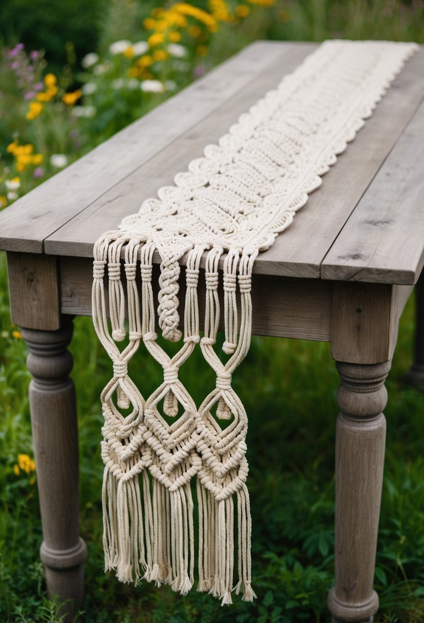 A rustic wooden table adorned with a long, intricately knotted macramé runner, featuring delicate fringe and intricate patterns, set against a backdrop of lush greenery and wildflowers