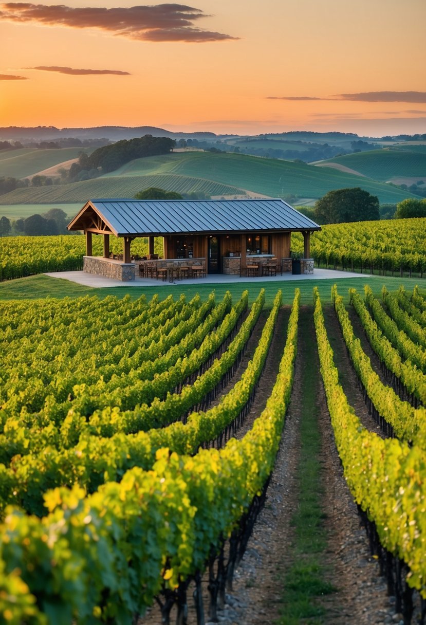 Lush vineyard with rows of grapevines, a rustic tasting room, and a picturesque view of rolling hills and a sunset