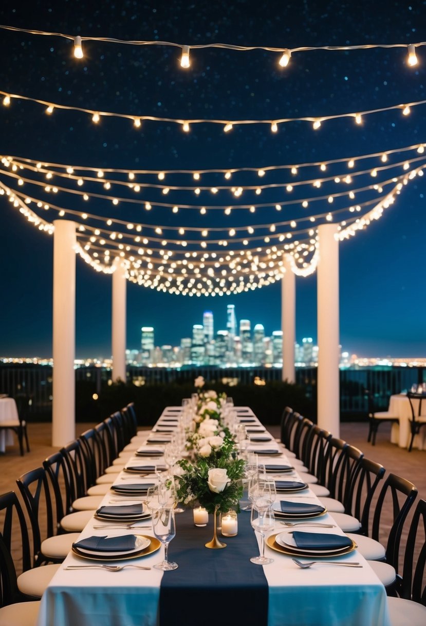 A long dining table with elegant place settings, surrounded by twinkling string lights and overlooking a city skyline under a starry night sky