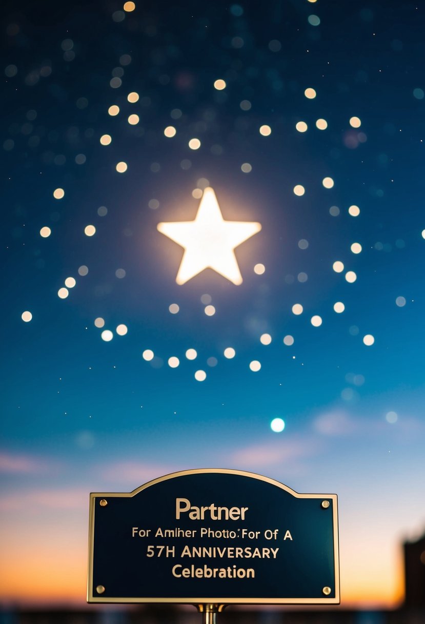 A night sky with a bright star surrounded by smaller stars, with a plaque bearing the name of the partner for a 57th anniversary celebration