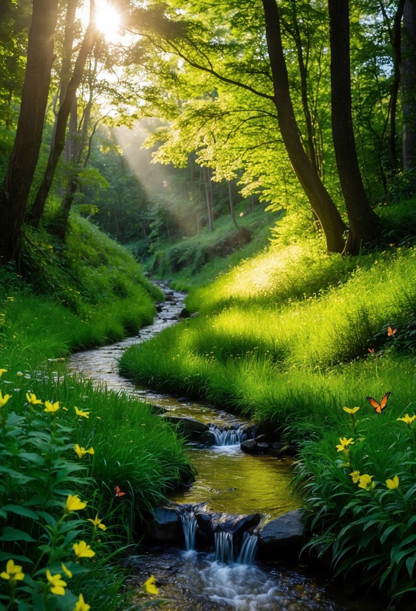 A winding trail through lush forest, sunlight filtering through the canopy onto a babbling stream. Wildflowers and butterflies dot the landscape