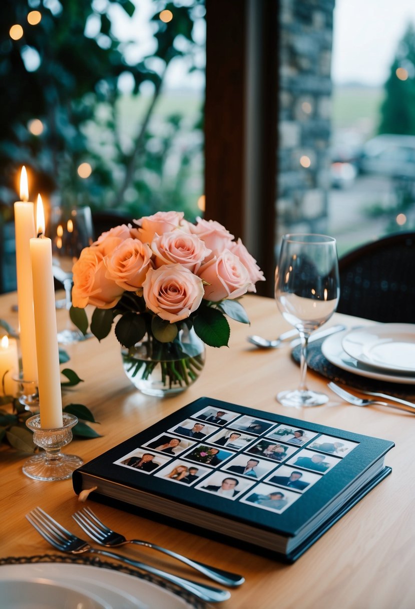 A table set for two with a candlelit dinner, a bouquet of roses, and a photo album of memories from the past 57 years