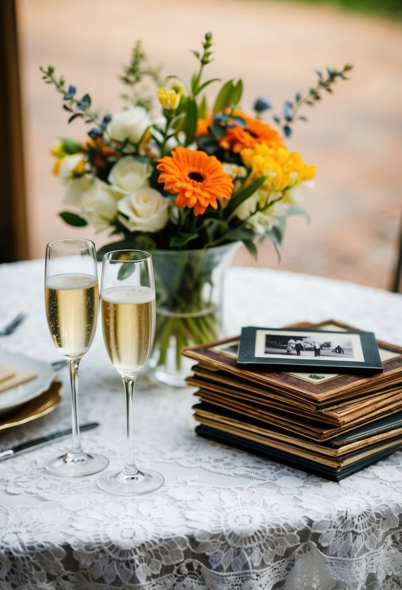 A table set with a lace tablecloth, a vase of fresh flowers, and a stack of old photographs. A pair of champagne flutes sit ready to be filled