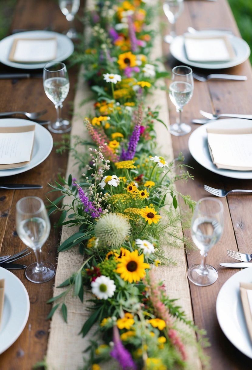 A colorful array of wildflowers intertwine with delicate greenery on a rustic wooden table runner, creating a fusion of natural beauty for a wedding reception