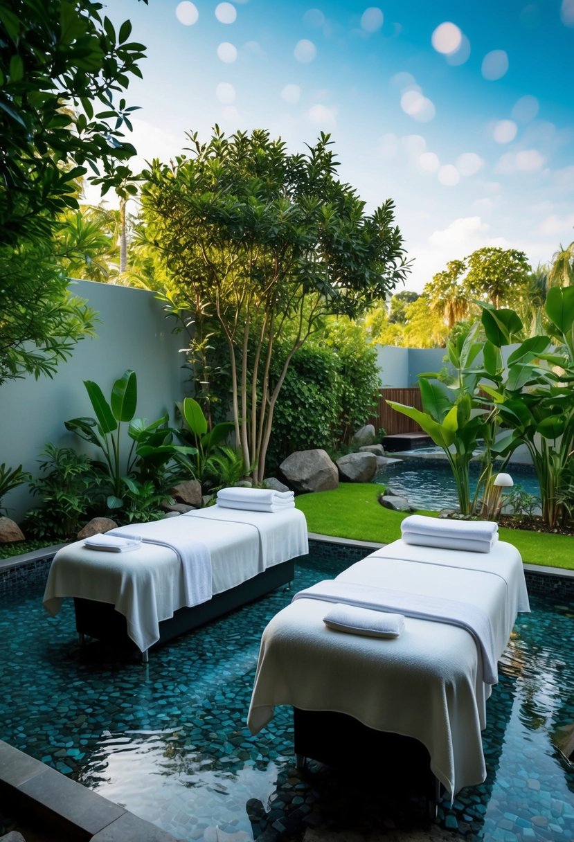 A serene spa retreat with two massage tables surrounded by lush greenery and calming water features