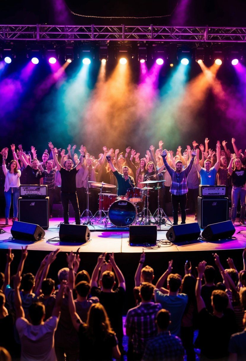 A stage lit up with colorful spotlights, amplifiers and instruments set up, and a crowd of cheering fans waving their hands in the air