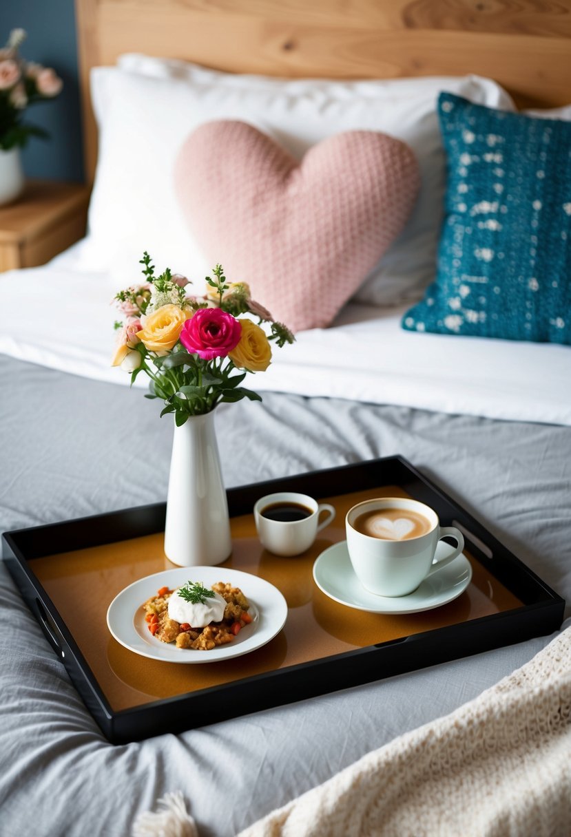 A tray with a flower vase, a plate of food, and a cup of coffee on a bed with a heart-shaped pillow and a cozy blanket