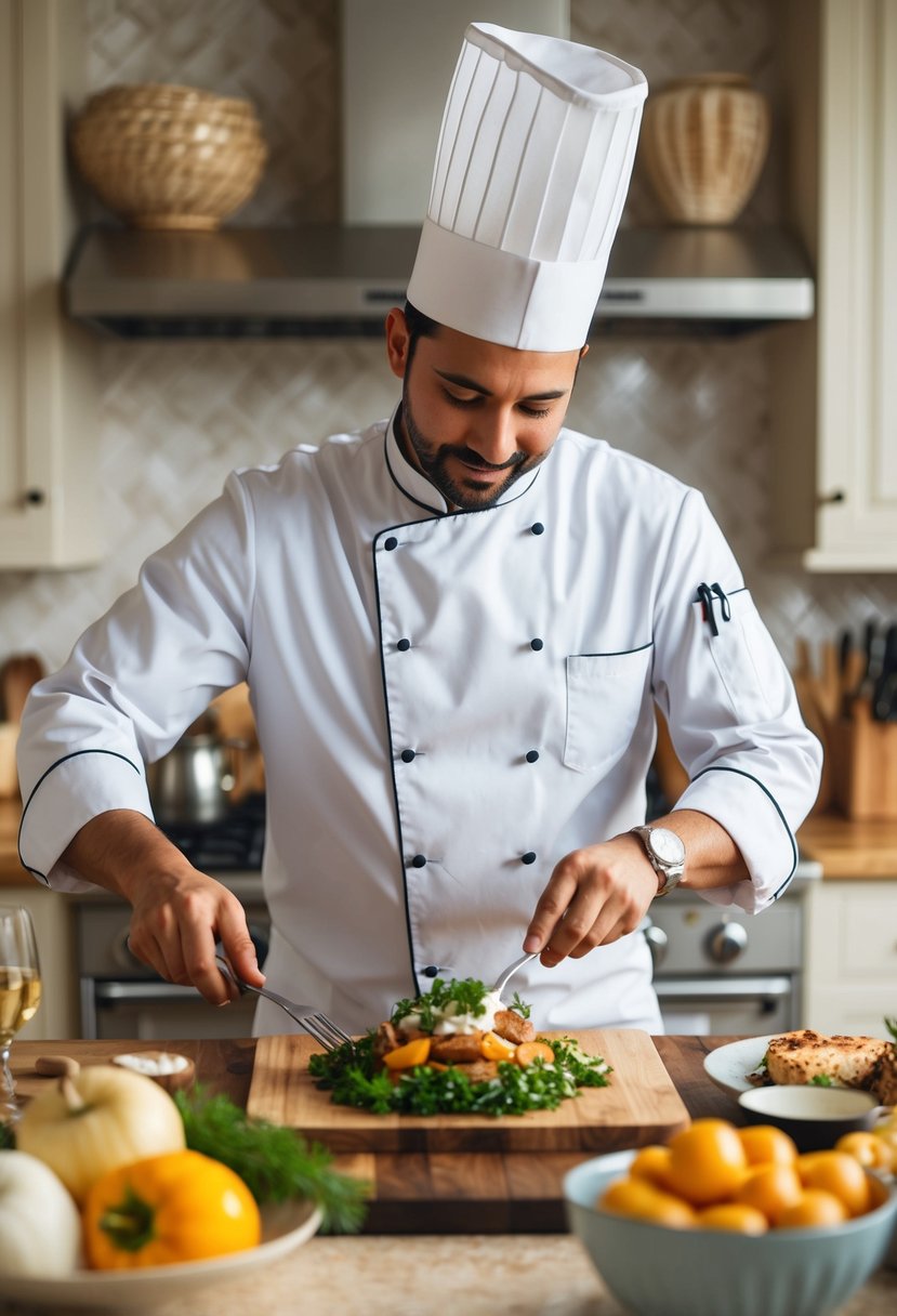 A chef preparing a gourmet meal in a cozy kitchen for a 52nd wedding anniversary celebration