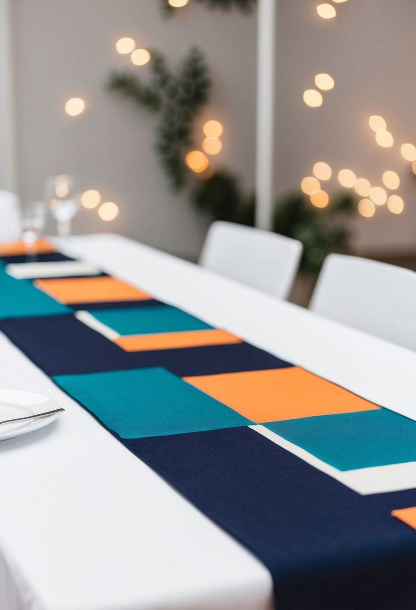 A sleek, modern table runner with geometric patterns in bold, contrasting colors, set against a clean, minimalist wedding table decor