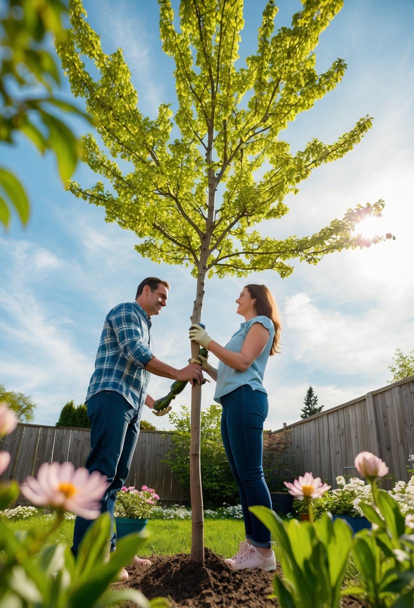 A couple plants a tree in their backyard, surrounded by blooming flowers and a sunny sky