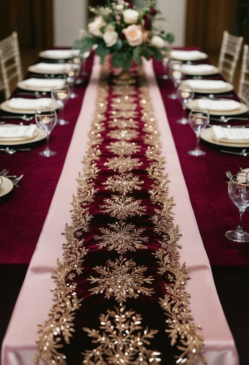 A long, luxurious velvet table runner in deep burgundy, adorned with delicate gold embroidery and shimmering sequins, cascading down a beautifully set wedding table