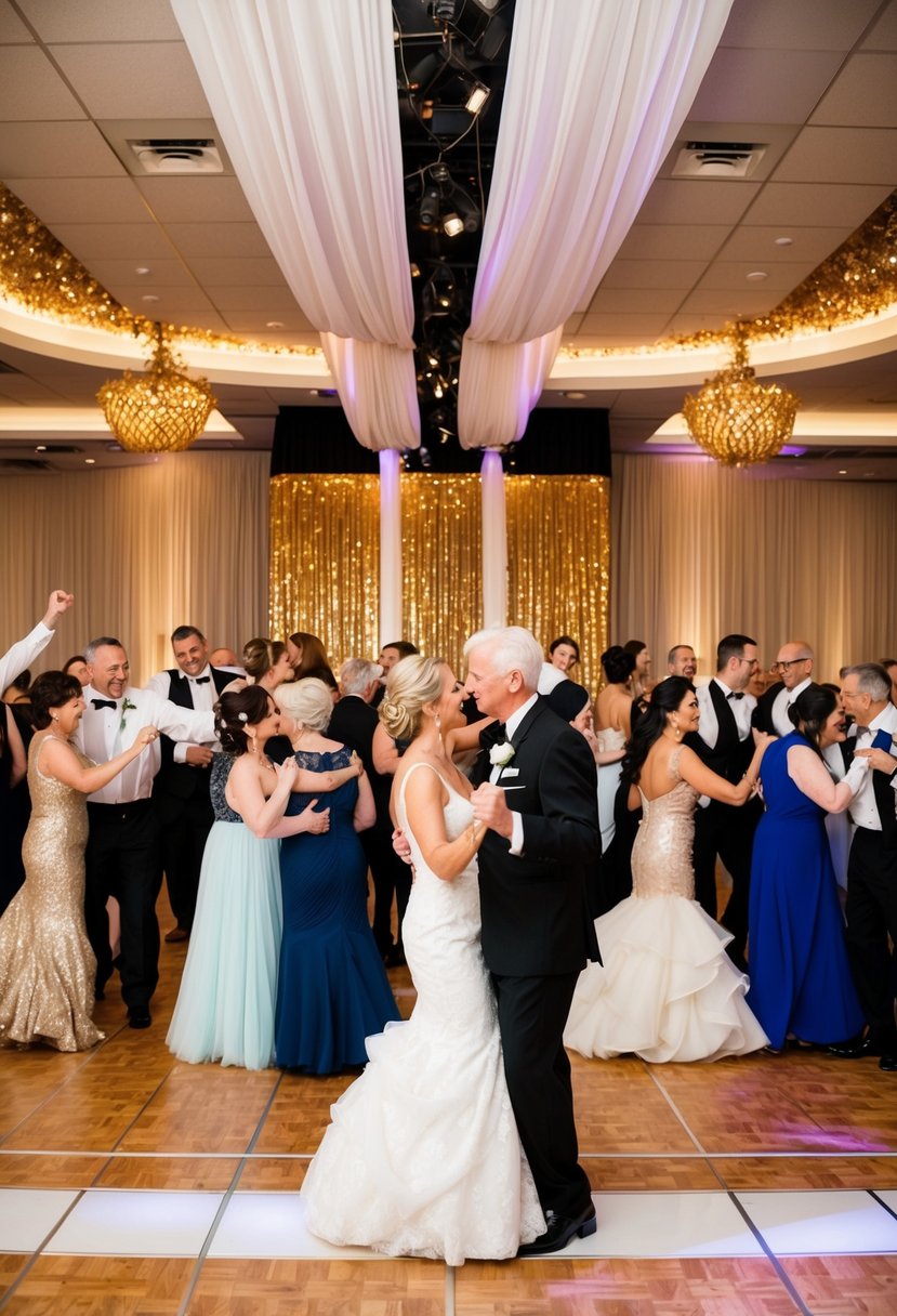 A lively dance floor decorated with gold and white accents, filled with couples dressed in elegant attire, celebrating a 52nd wedding anniversary