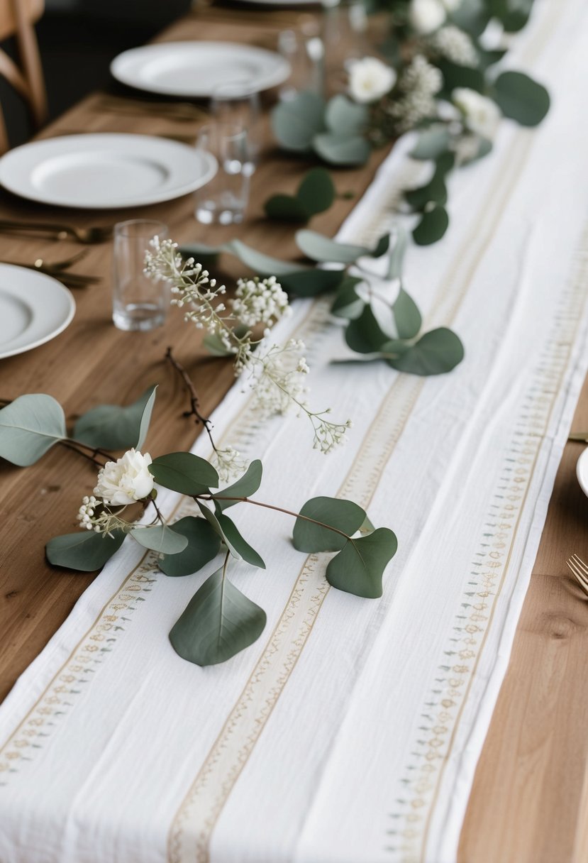 A wooden table adorned with a white linen runner, featuring minimalist Nordic patterns in soft, muted colors. Eucalyptus branches and delicate white flowers serve as understated centerpieces