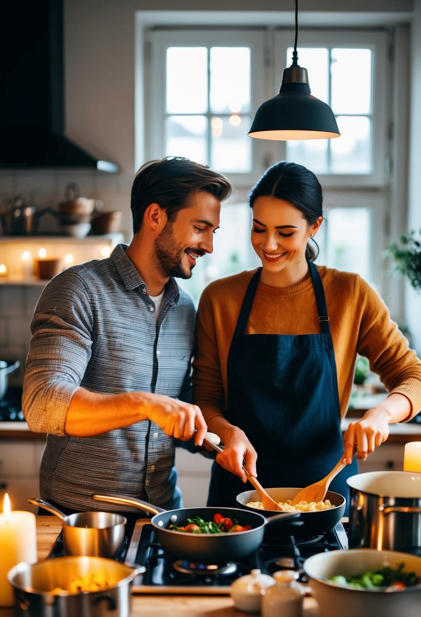 A couple cooking together in a cozy kitchen, surrounded by pots, pans, and fresh ingredients. The soft glow of candlelight adds a romantic ambiance