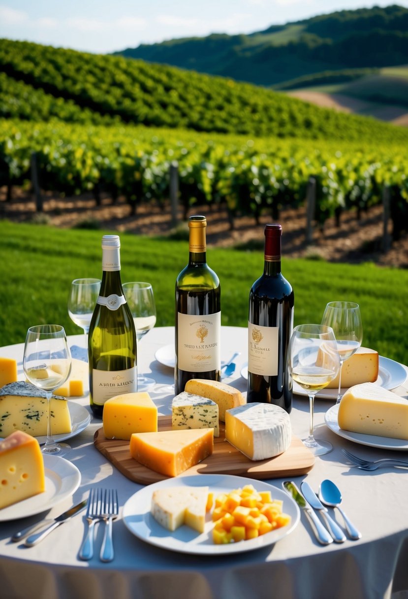 A table set with various cheeses, wine bottles, and glasses, surrounded by lush vineyards and rolling hills