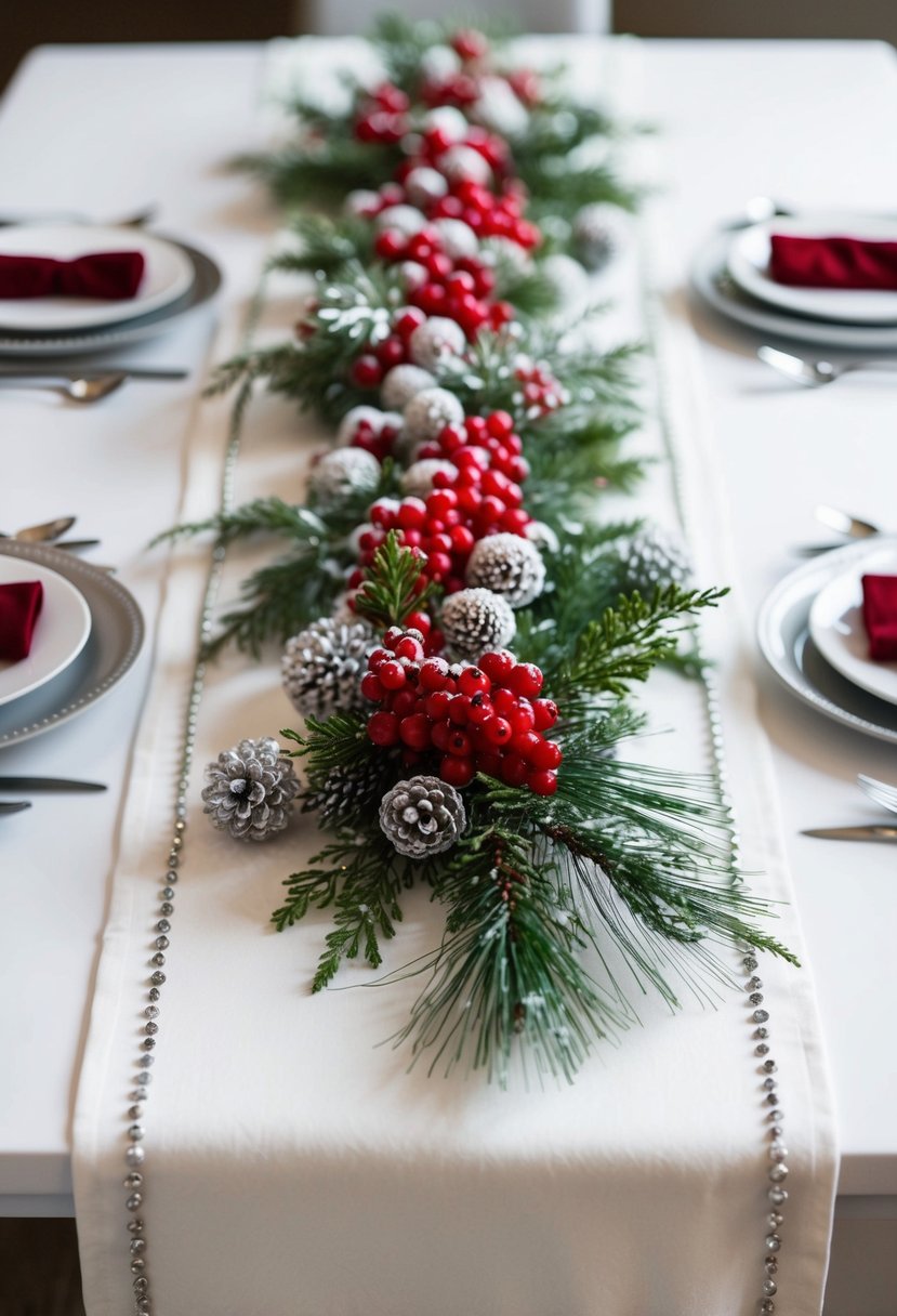 A snowy white table runner adorned with vibrant red winterberries and evergreen foliage, accented with delicate silver details