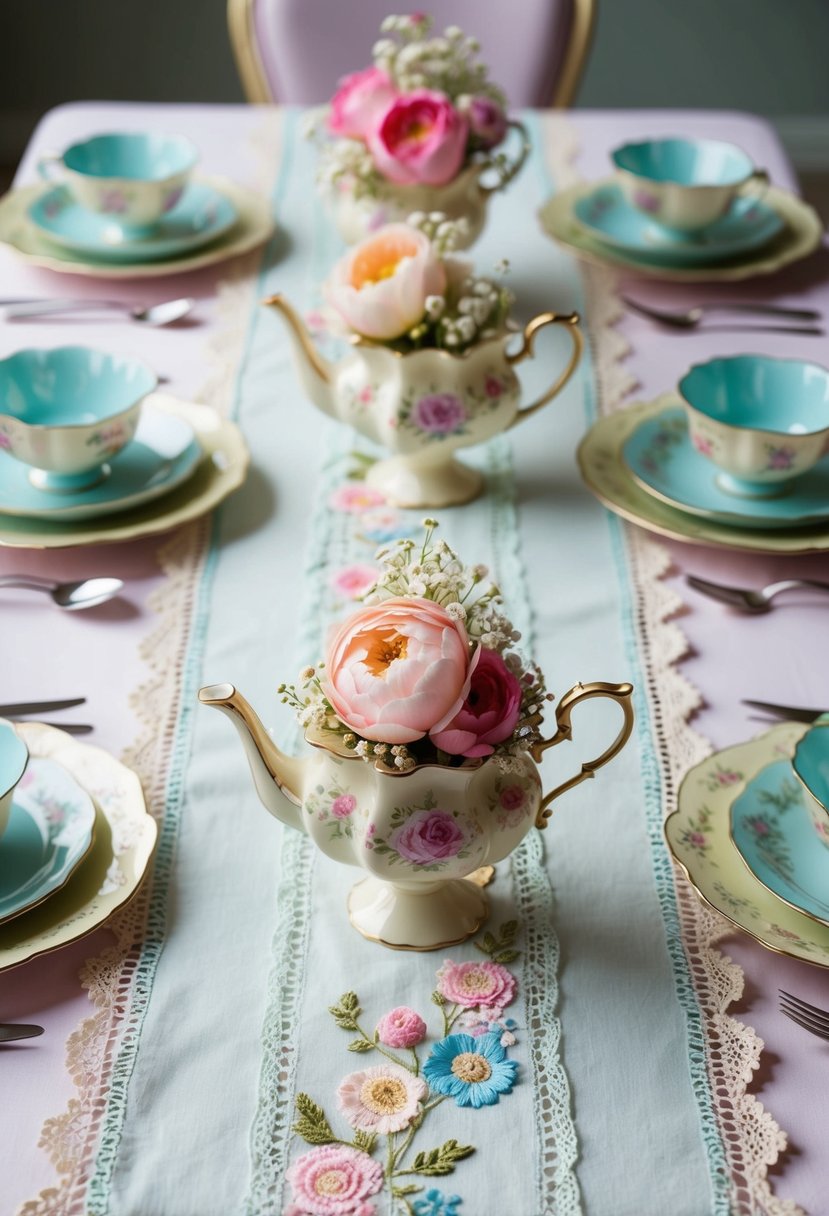 A pastel-hued table runner adorned with delicate floral and lace patterns, complemented by vintage tea sets and whimsical centerpieces