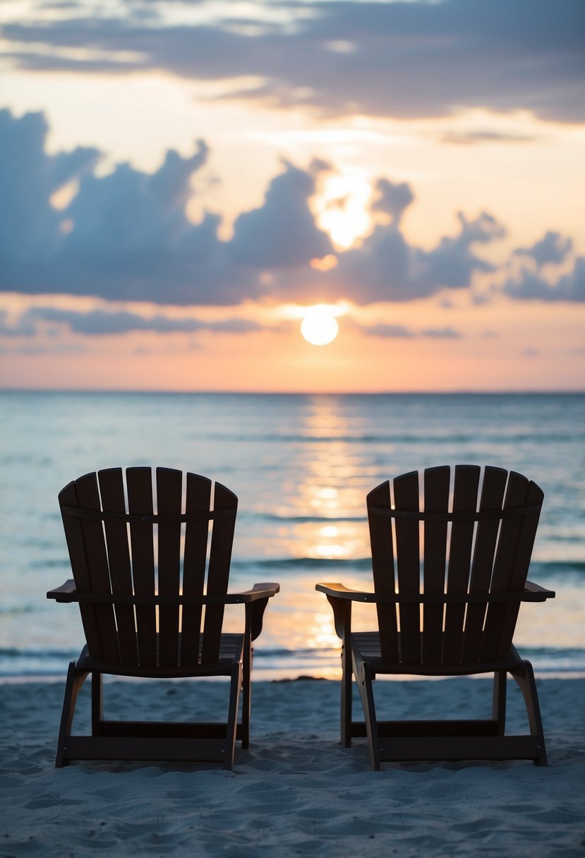 A serene beach with two chairs facing the horizon as the sun rises over the calm ocean