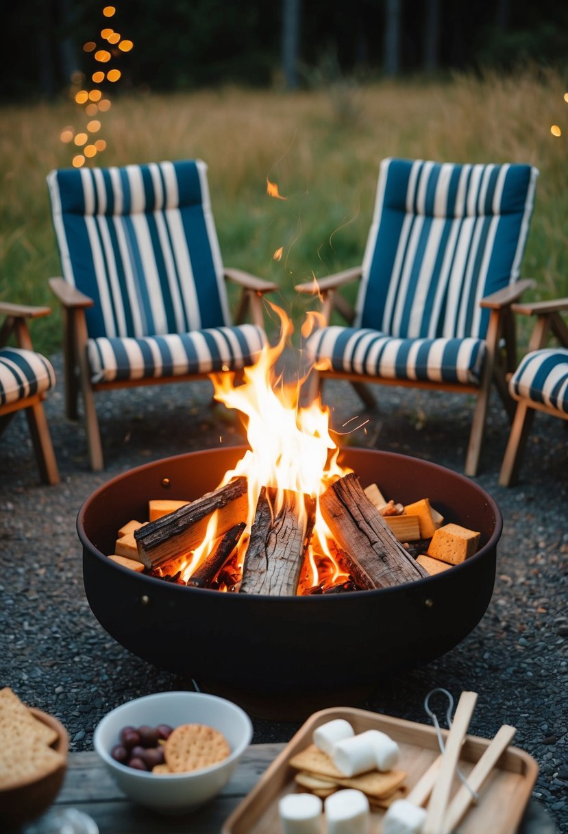 A cozy bonfire crackles in the center, surrounded by a circle of chairs. Marshmallow roasting sticks and ingredients for s'mores are laid out on a nearby table