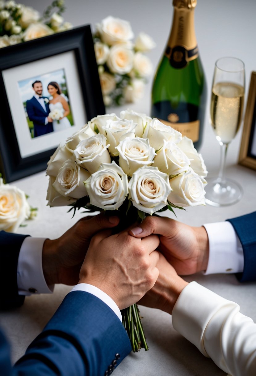 A couple's hands holding a bouquet of diamond white roses, surrounded by framed wedding photos and a vintage champagne bottle