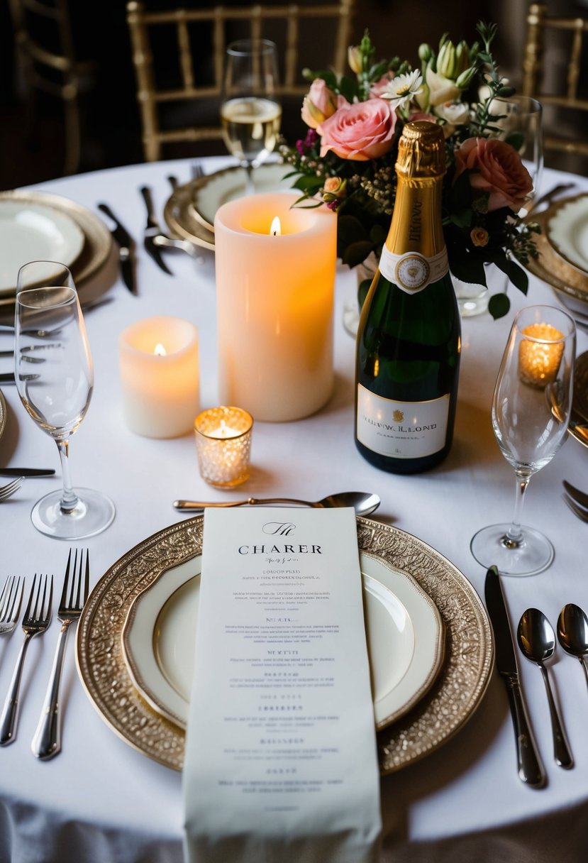 A candlelit table set with fine china, silverware, and a personalized menu. A bouquet of fresh flowers and a bottle of champagne complete the romantic setting