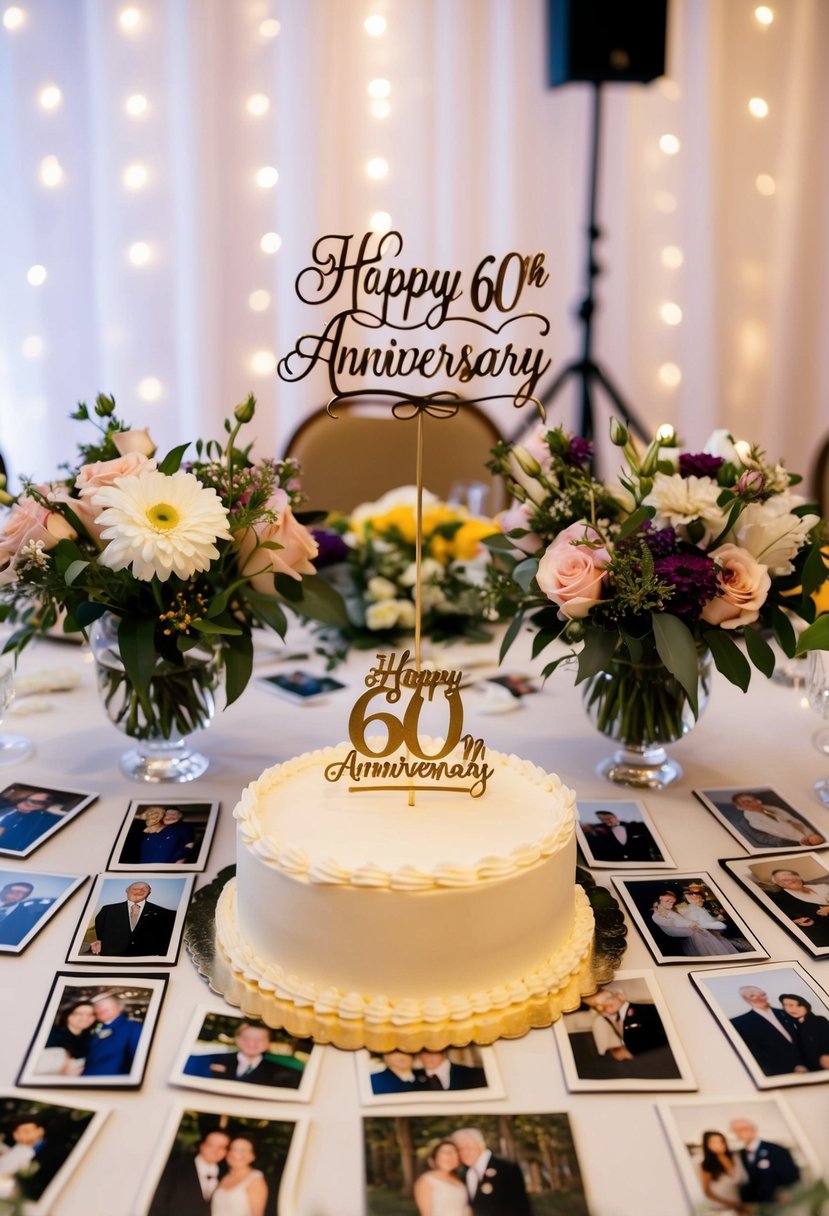 A table adorned with photos, flowers, and mementos from the couple's 60 years together. A cake with "Happy 60th Anniversary" topper sits in the center