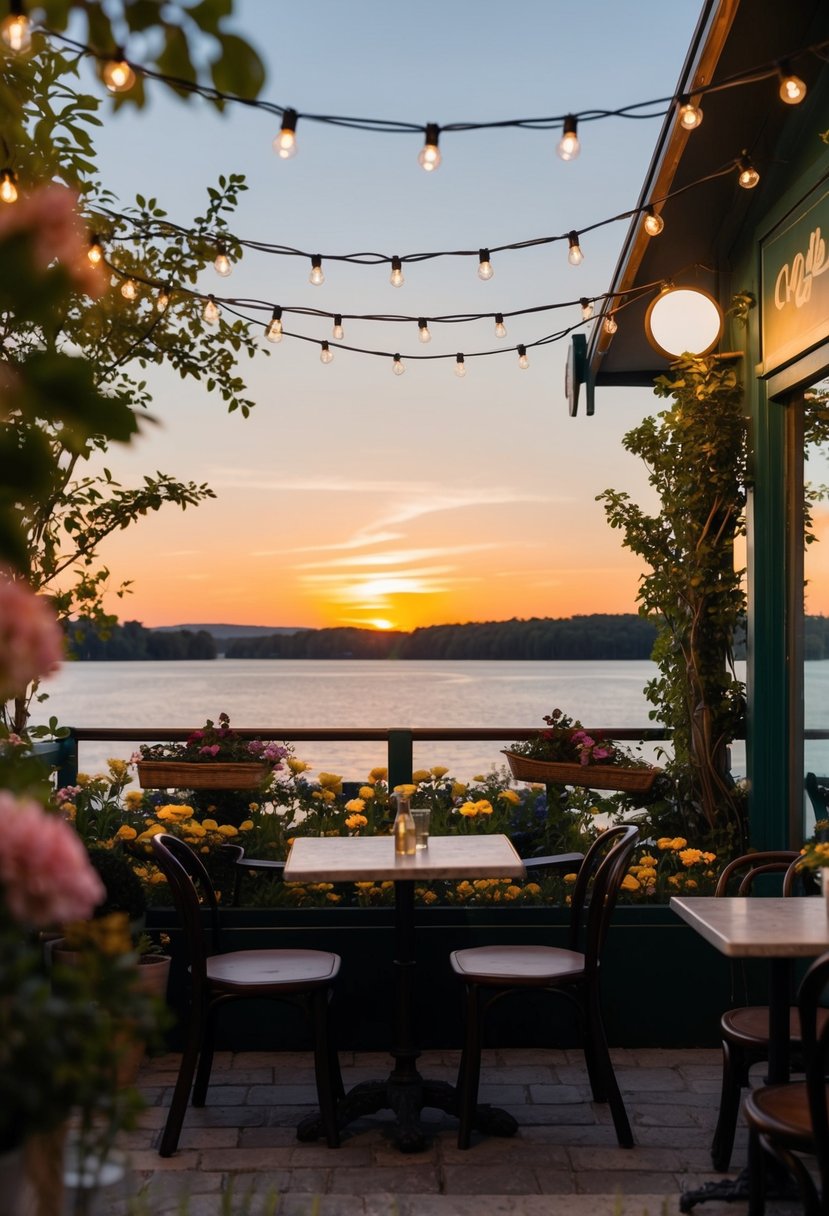 A quaint outdoor cafe with a view of the sunset over a serene lake, surrounded by blooming flowers and twinkling lights