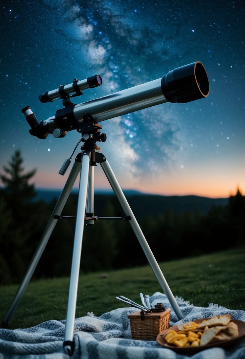 A telescope pointed at a starry night sky, with a cozy blanket and a picnic spread out on the ground