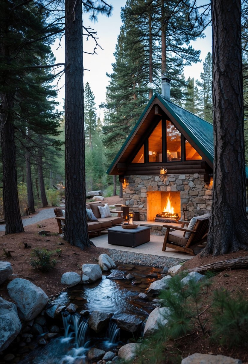 A cozy cabin nestled in the woods, surrounded by tall pine trees and a small stream flowing nearby. A warm fire crackles in the stone fireplace, casting a soft glow on the rustic furniture