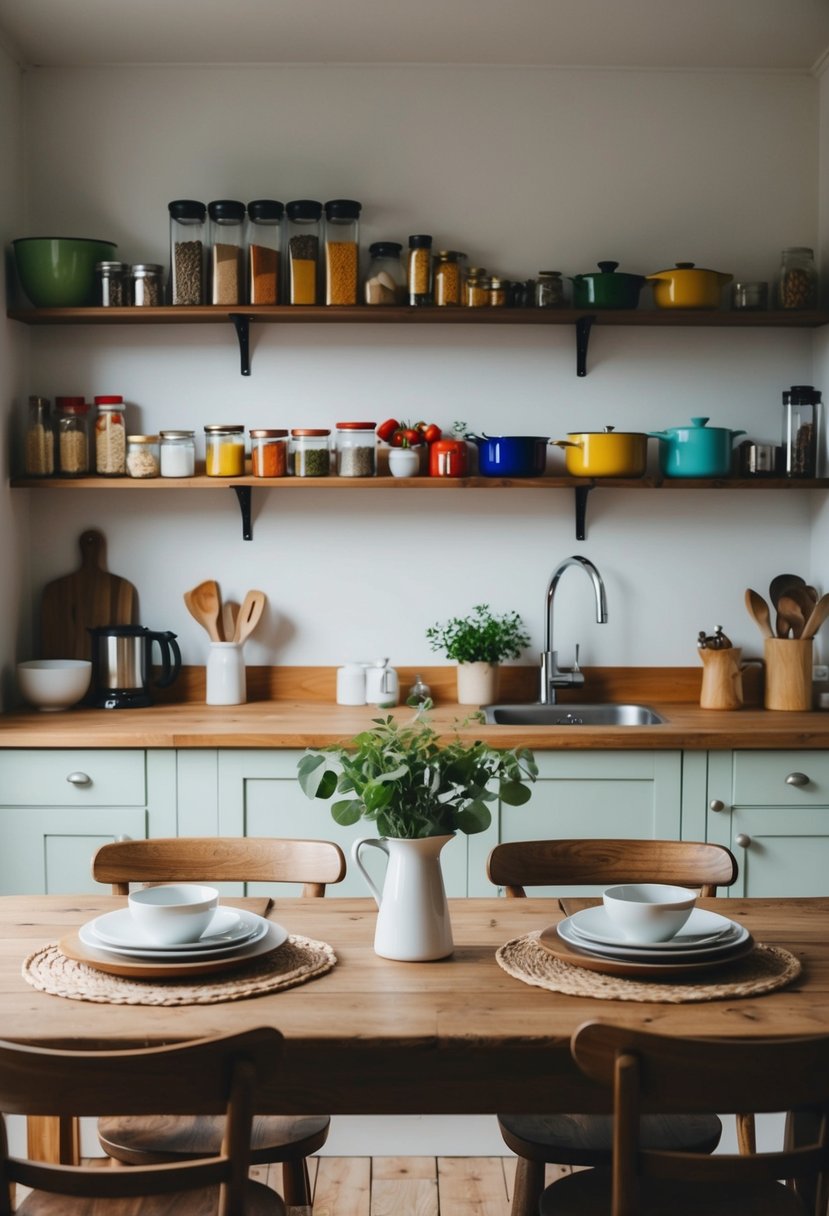 A cozy kitchen with a rustic wooden table set for two, surrounded by shelves of colorful spices and cooking utensils