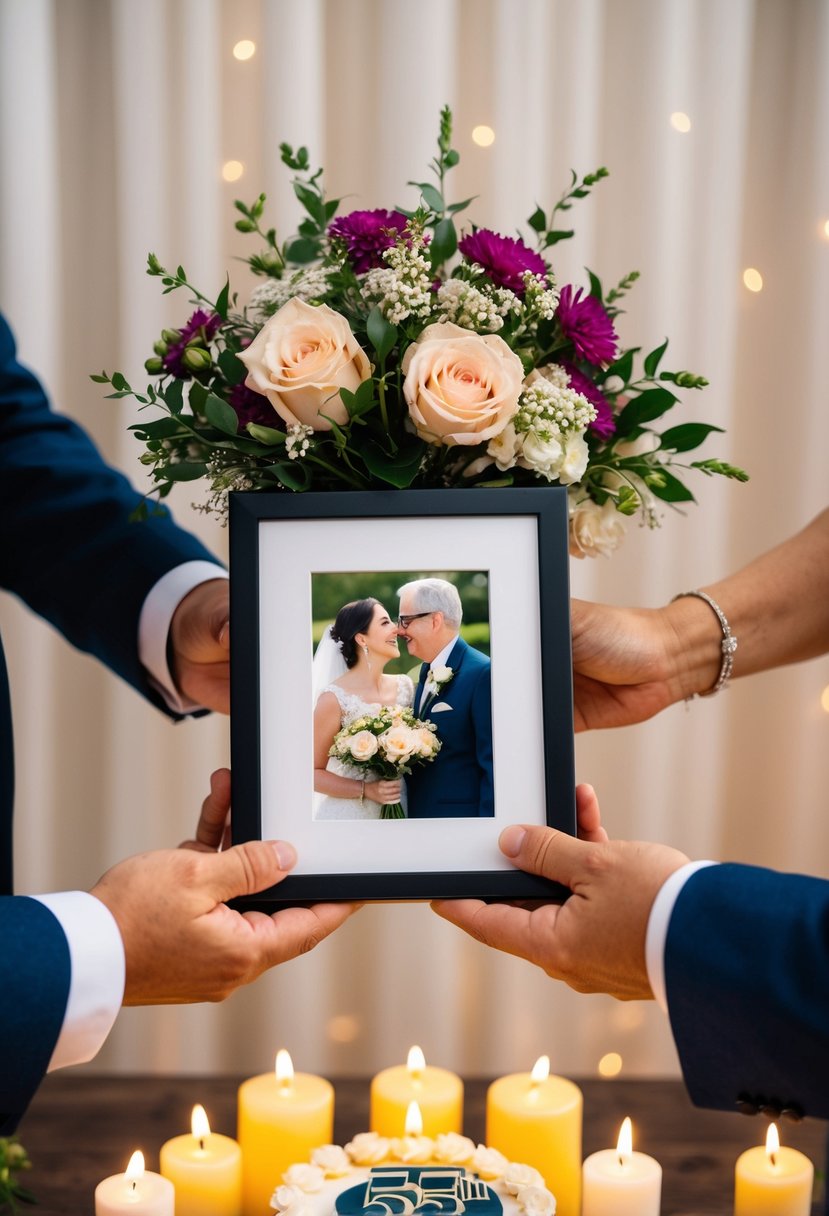 A couple's hands holding a bouquet of flowers and a framed photo, surrounded by candles and a decorative cake, symbolizing their 55th wedding anniversary