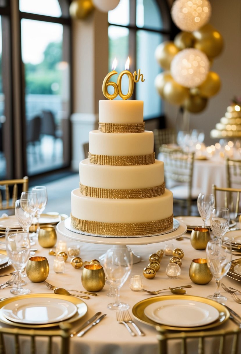 A table set with elegant dinnerware, surrounded by golden anniversary decorations and a large, tiered cake topped with a "60th" candle