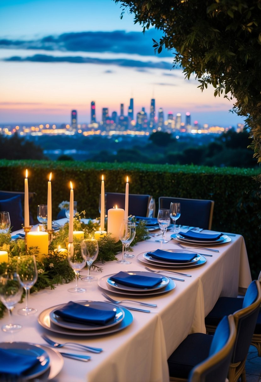 A table set with elegant dinnerware and candles, surrounded by lush greenery and overlooking a sparkling city skyline at dusk