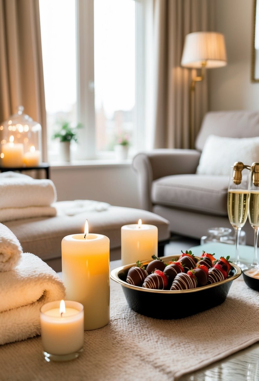 A cozy living room with soft lighting, fluffy towels, scented candles, and a bubbling foot bath. A tray of champagne and chocolate-covered strawberries sits on a nearby table