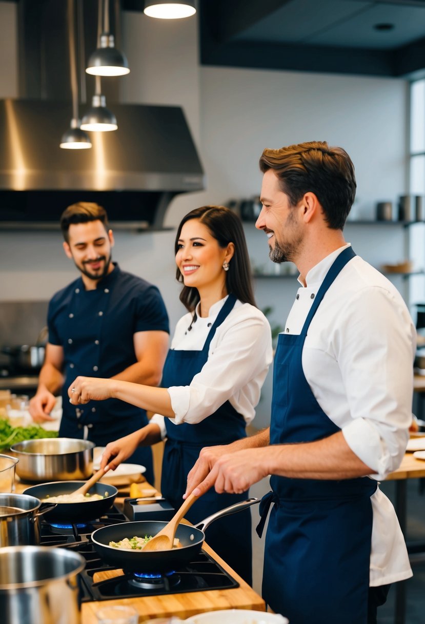 A couple stands side by side at a cooking class, surrounded by pots, pans, and ingredients. The instructor demonstrates a recipe as the couple follows along eagerly