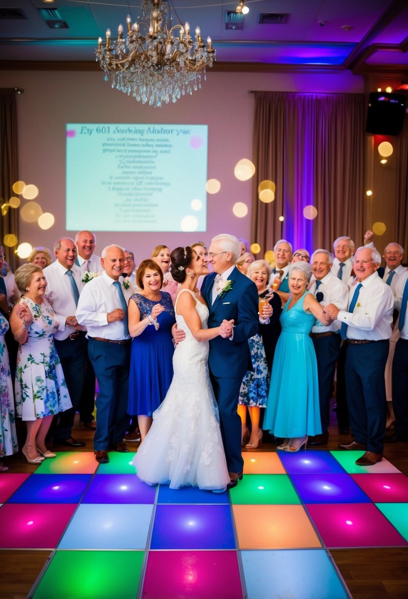 A colorful dance floor with twinkling lights and a playlist projected onto the wall, surrounded by happy couples celebrating their 60th wedding anniversary