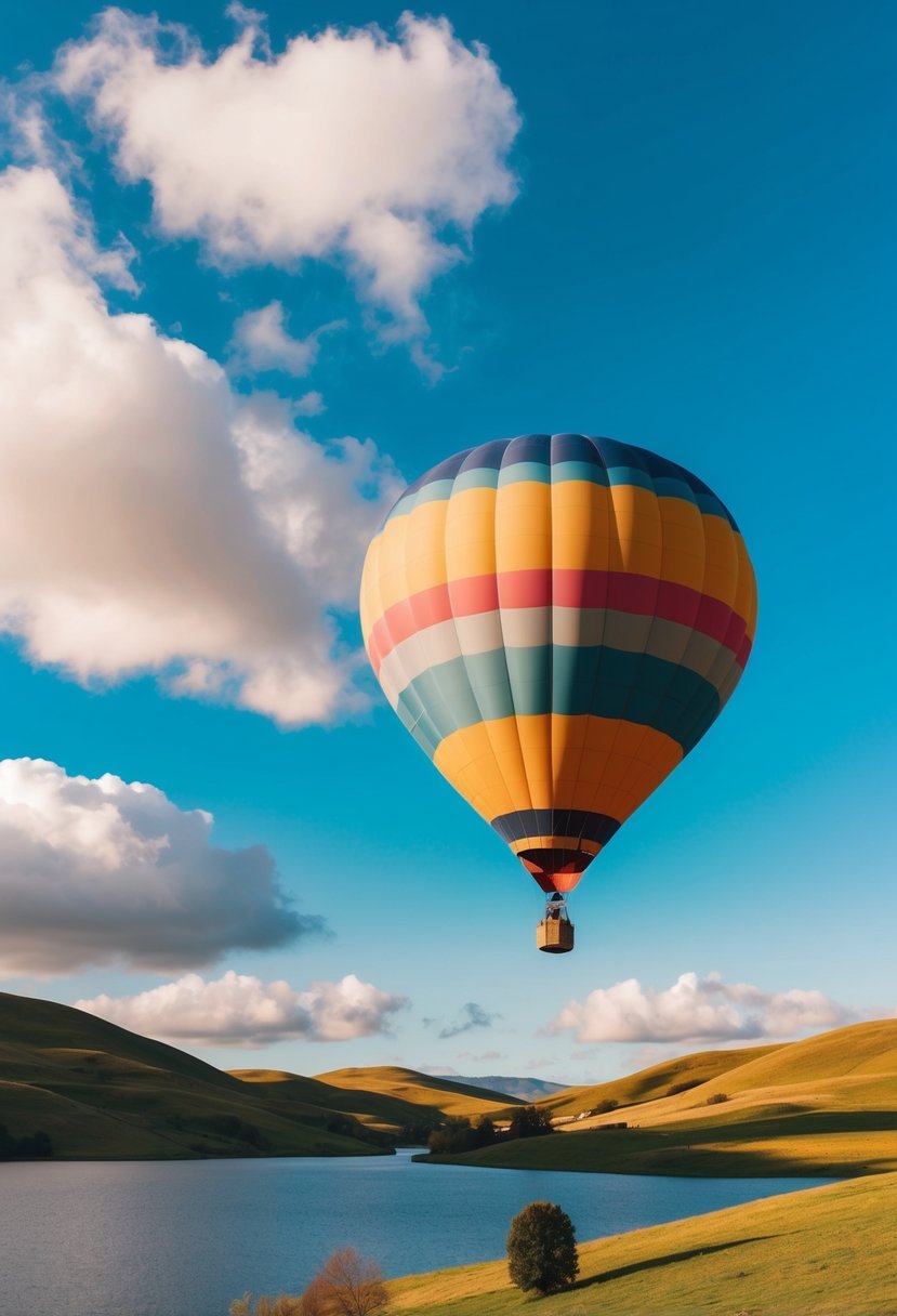 A colorful hot air balloon floats over rolling hills and a serene lake, with a bright blue sky and fluffy white clouds in the background