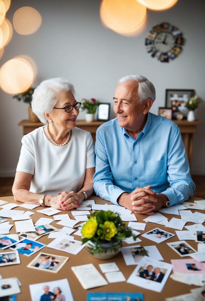 An elderly couple sitting at a table covered in love letters, surrounded by photos and memorabilia from their 60 years together