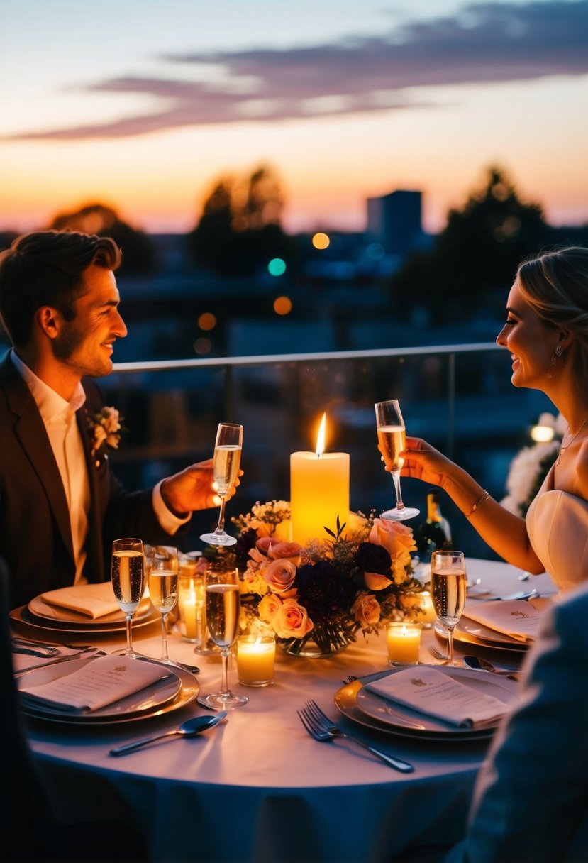 A couple sits at a candlelit table, surrounded by flowers and champagne. The sunset casts a warm glow on the scene